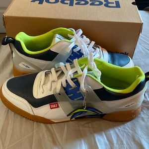 Reebox, size 13, color white, blue, and tennis ball.